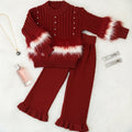 Festive Red Ribbed Knit Faux Fur Accent and Wide-Leg Set