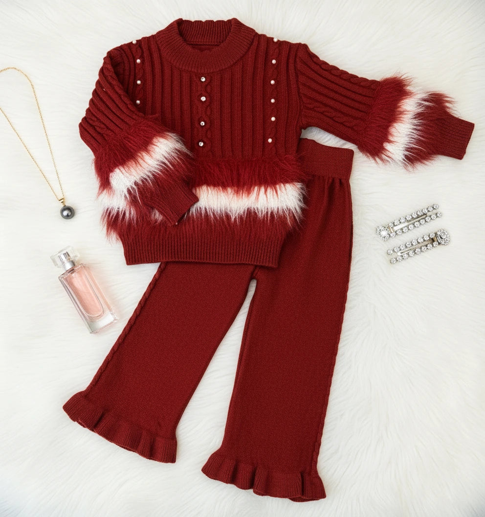 Festive Red Ribbed Knit Faux Fur Accent and Wide-Leg Set