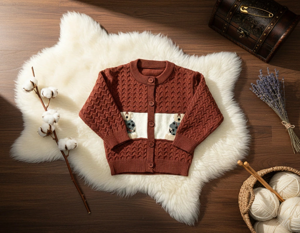 Adorable Bear Patch Cardigan Knit Set: Rust Red