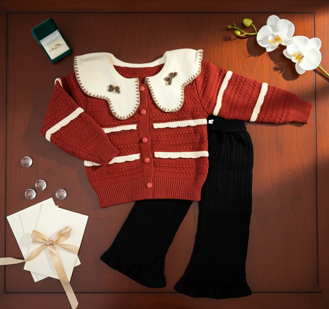 Vintage Knit Peter Pan Collar Cardigan and Trousers Set