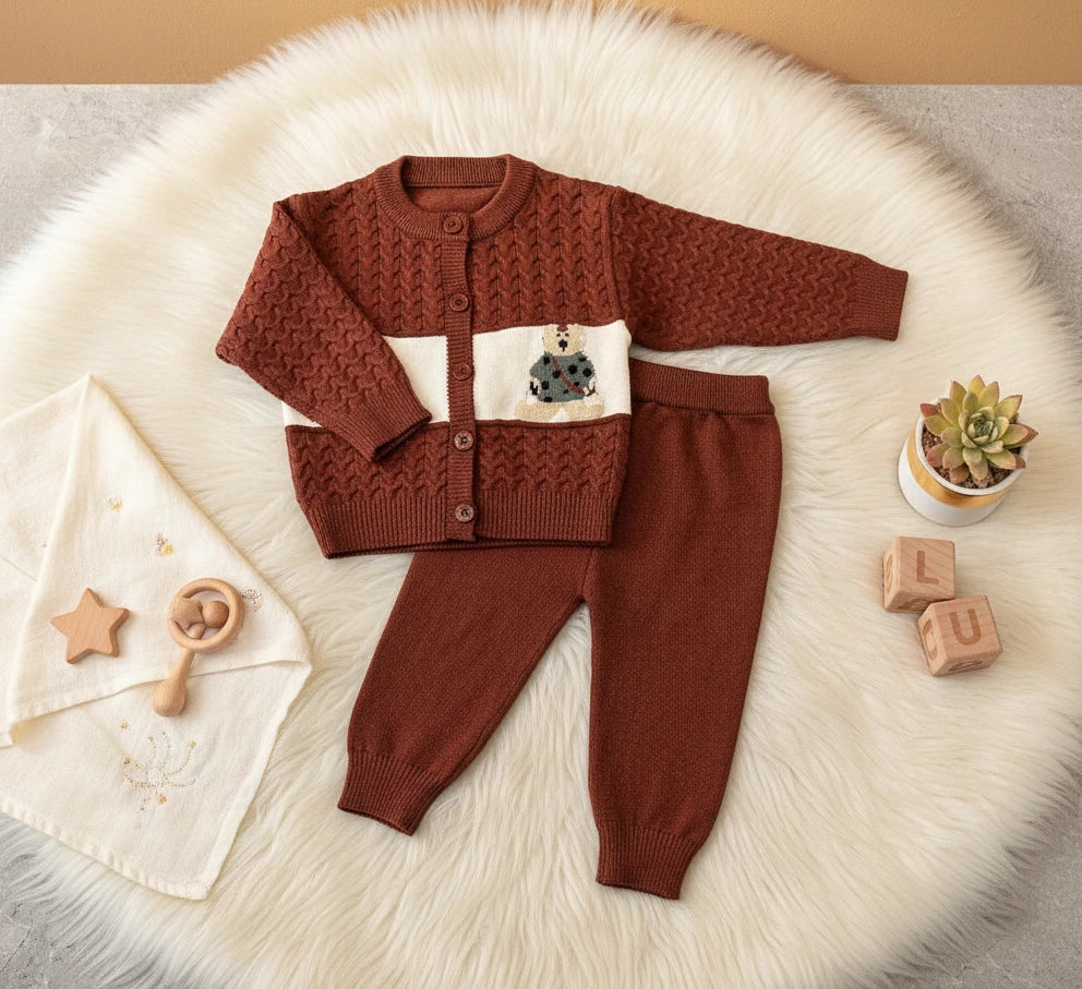 Adorable Bear Patch Cardigan Knit Set: Rust Red