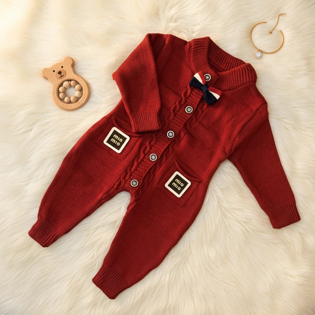 Luxury Red Wool Knit Baby Romper with Bow Tie