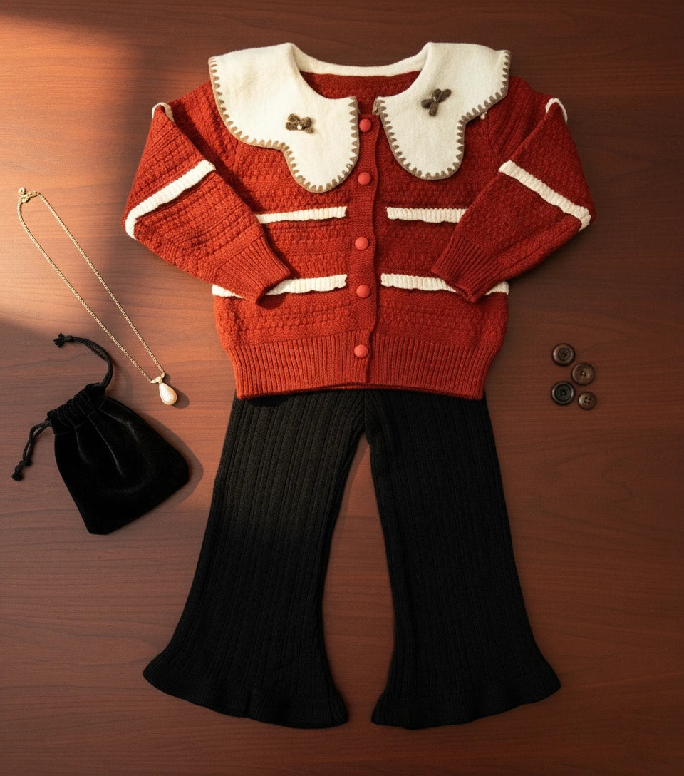 Vintage Knit Peter Pan Collar Cardigan and Trousers Set