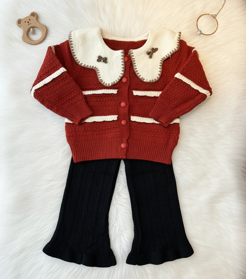 Vintage Knit Peter Pan Collar Cardigan and Trousers Set