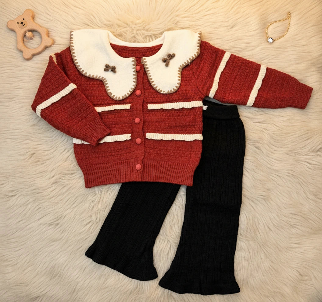Vintage Knit Peter Pan Collar Cardigan and Trousers Set