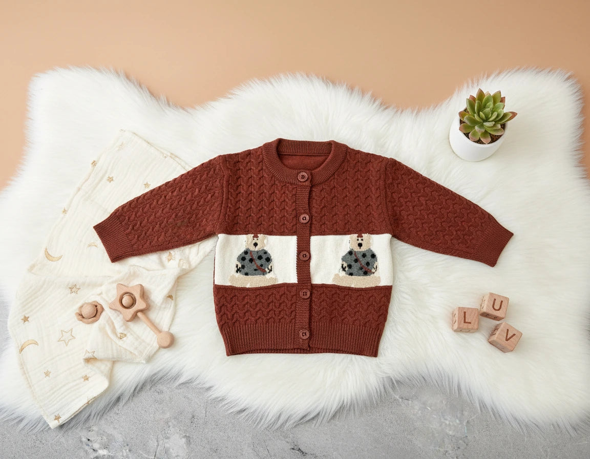 Adorable Bear Patch Cardigan Knit Set: Rust Red