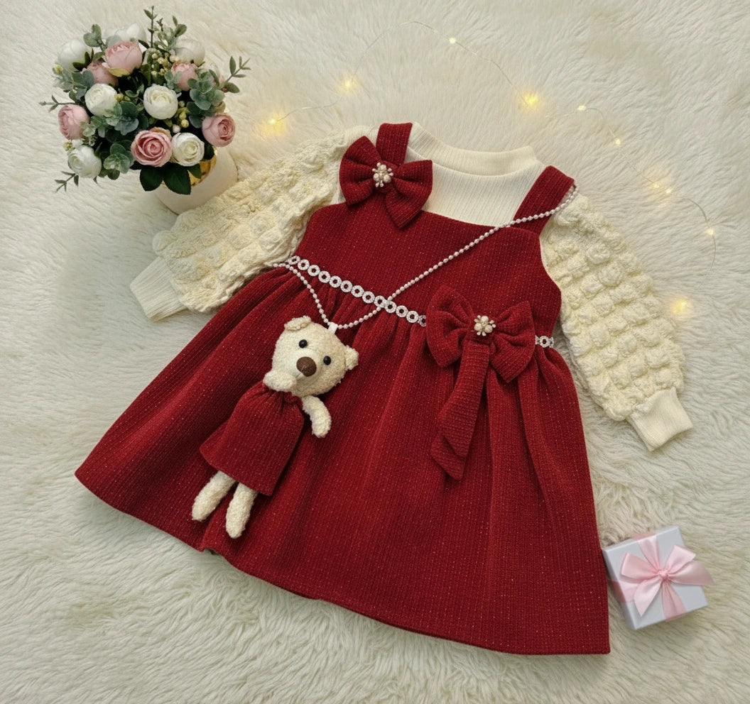 Regal Crimson Teddy: Corduroy Dress, Textured Blouse & Legging Trio Set