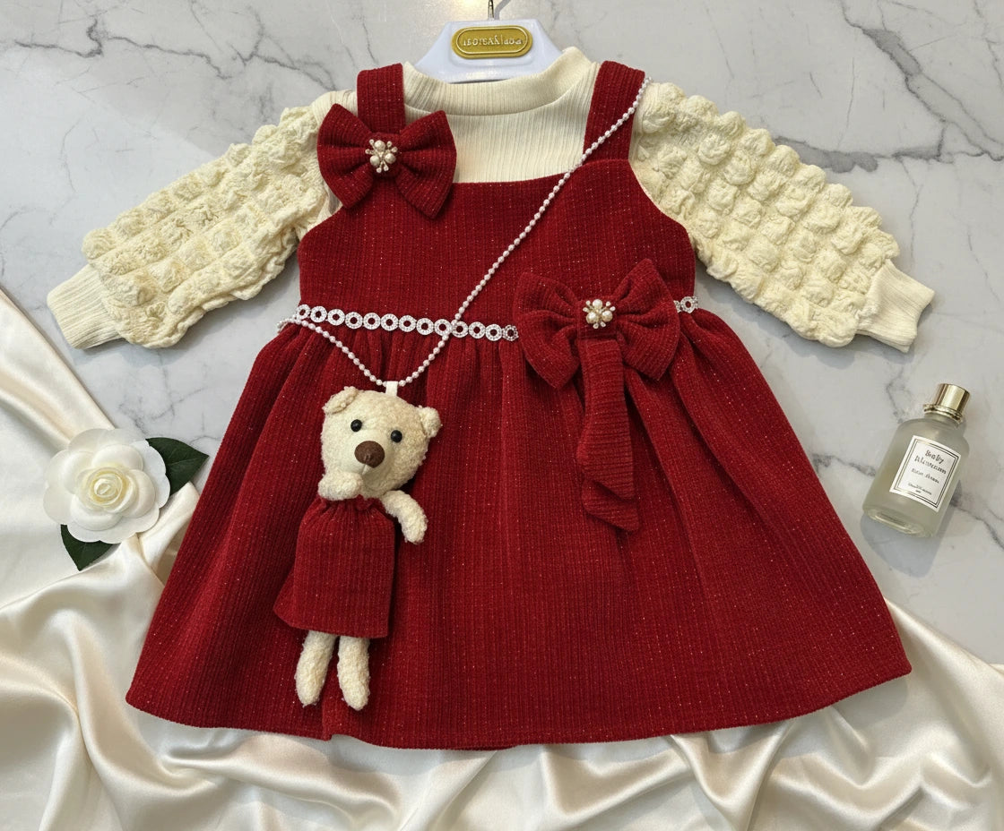 Regal Crimson Teddy: Corduroy Dress, Textured Blouse & Legging Trio Set