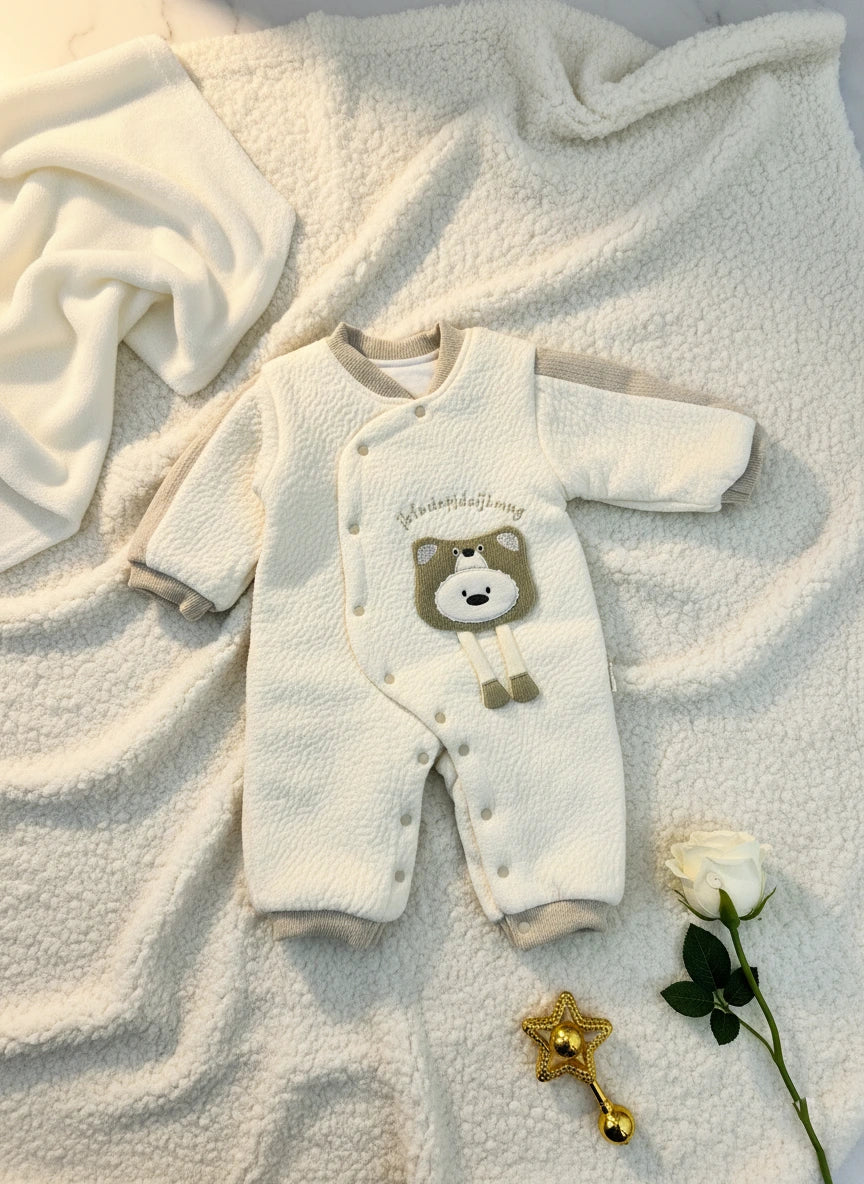 Textured Ultra Soft Knit imported Baby Jumpsuit with Embroidered Bear