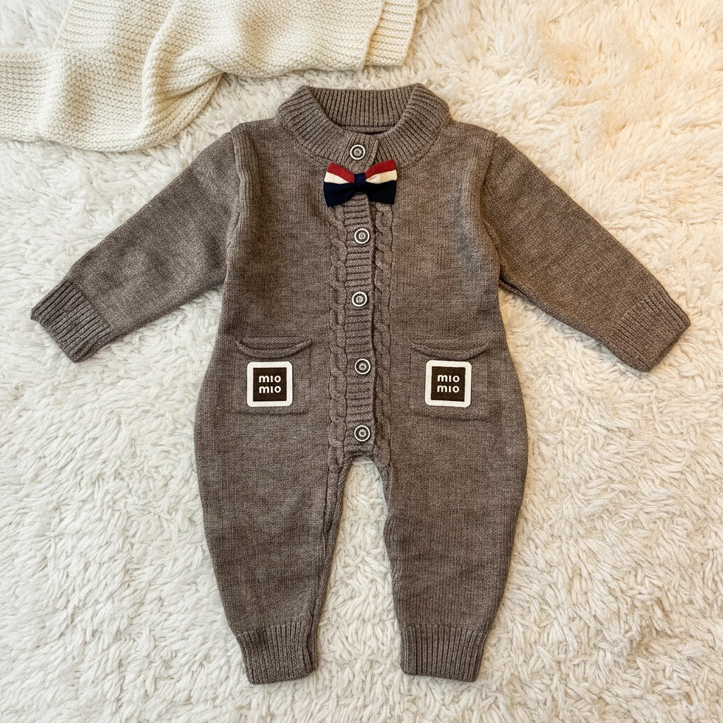 Luxury Wool Knit Baby Romper with Bow Tie