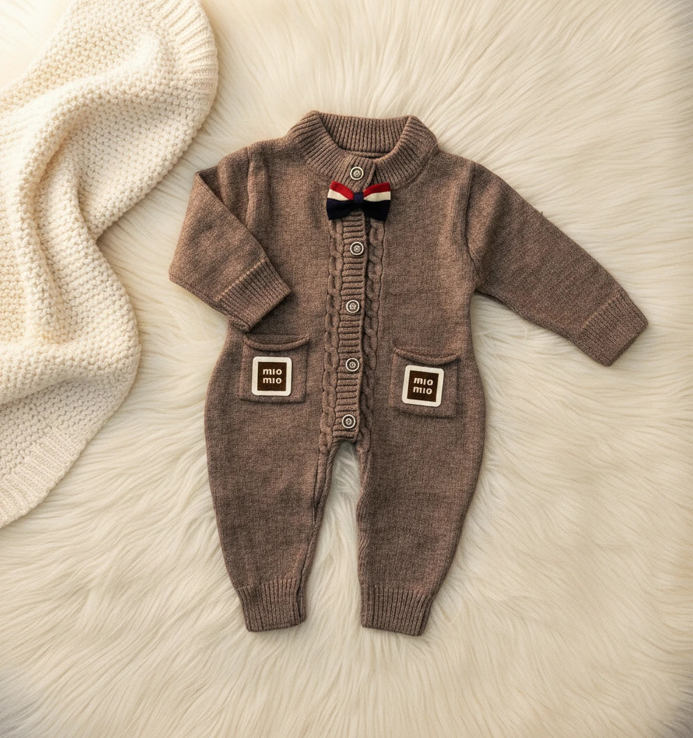 Luxury Wool Knit Baby Romper with Bow Tie