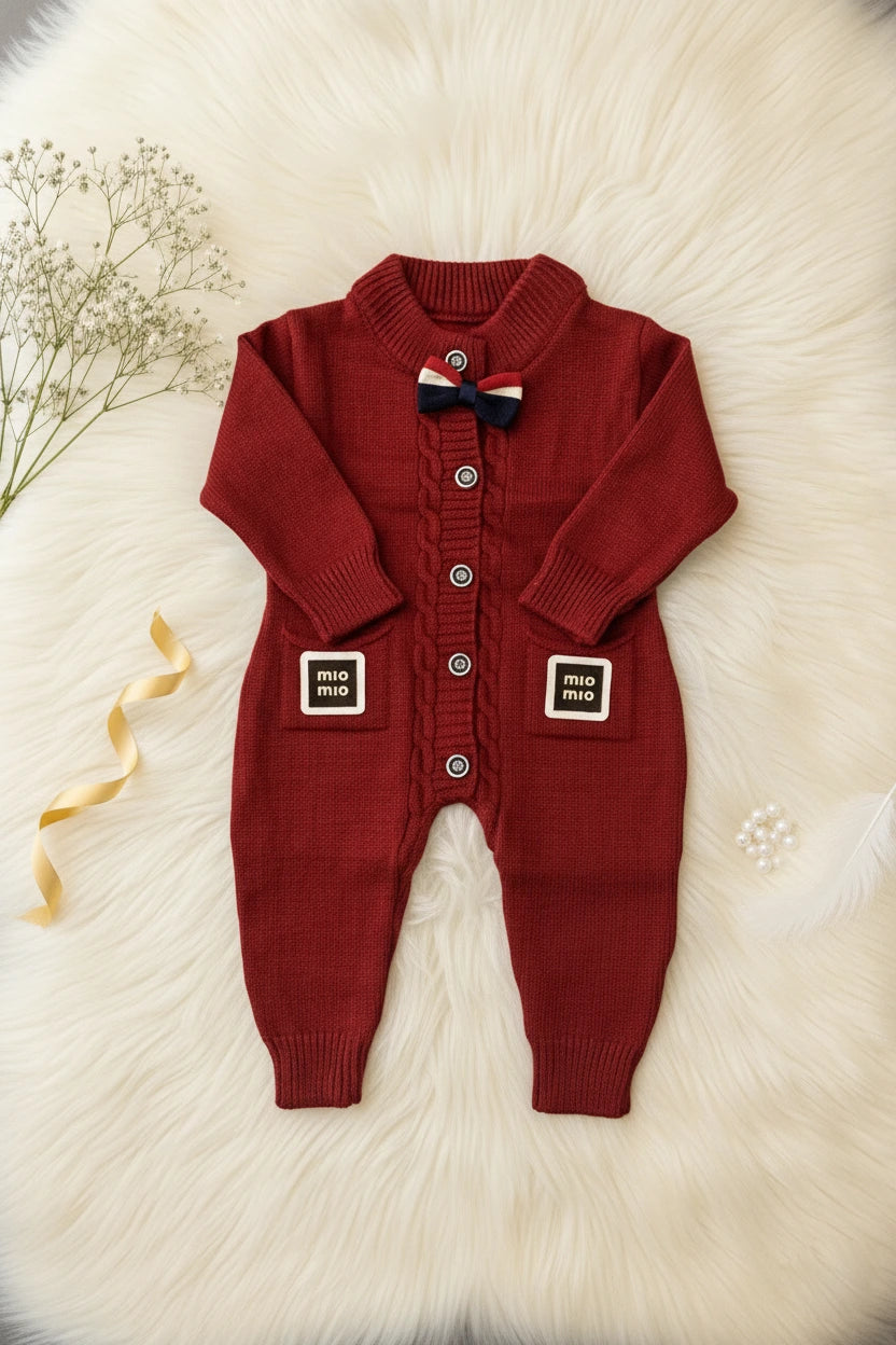Luxury Red Wool Knit Baby Romper with Bow Tie