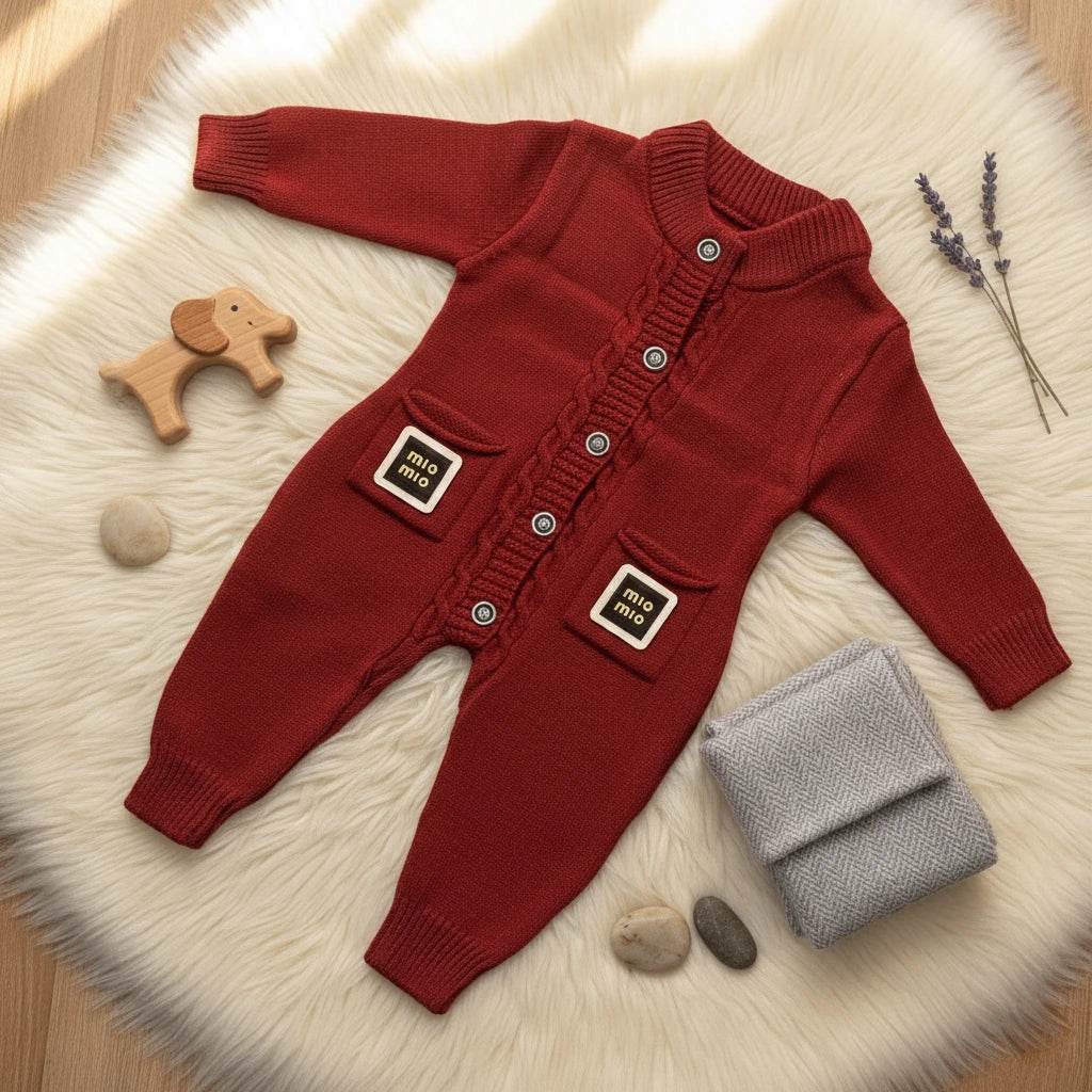 Luxury Red Wool Knit Baby Romper with Bow Tie