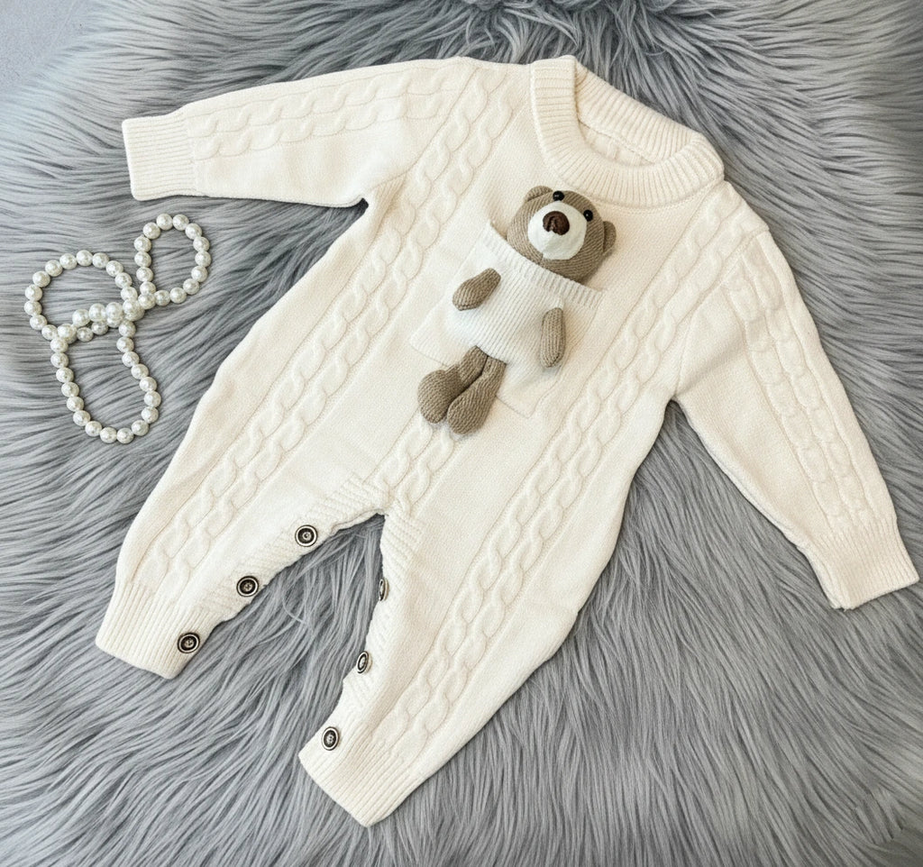 Luxury Cream Knit Baby Romper with 3D Teddy Bear
