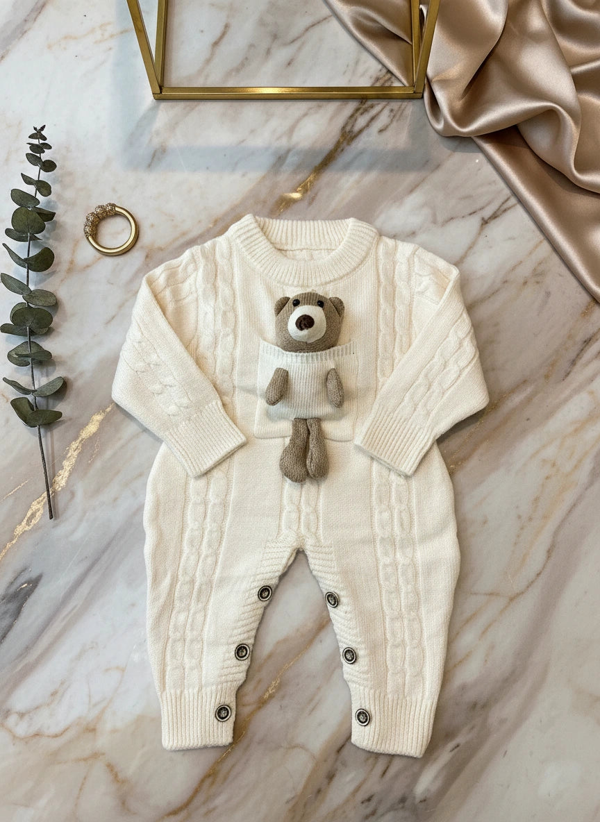 Luxury Cream Knit Baby Romper with 3D Teddy Bear