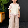 Three-Piece Knit Tee & Lace Vest Set with Ruffled Trousers