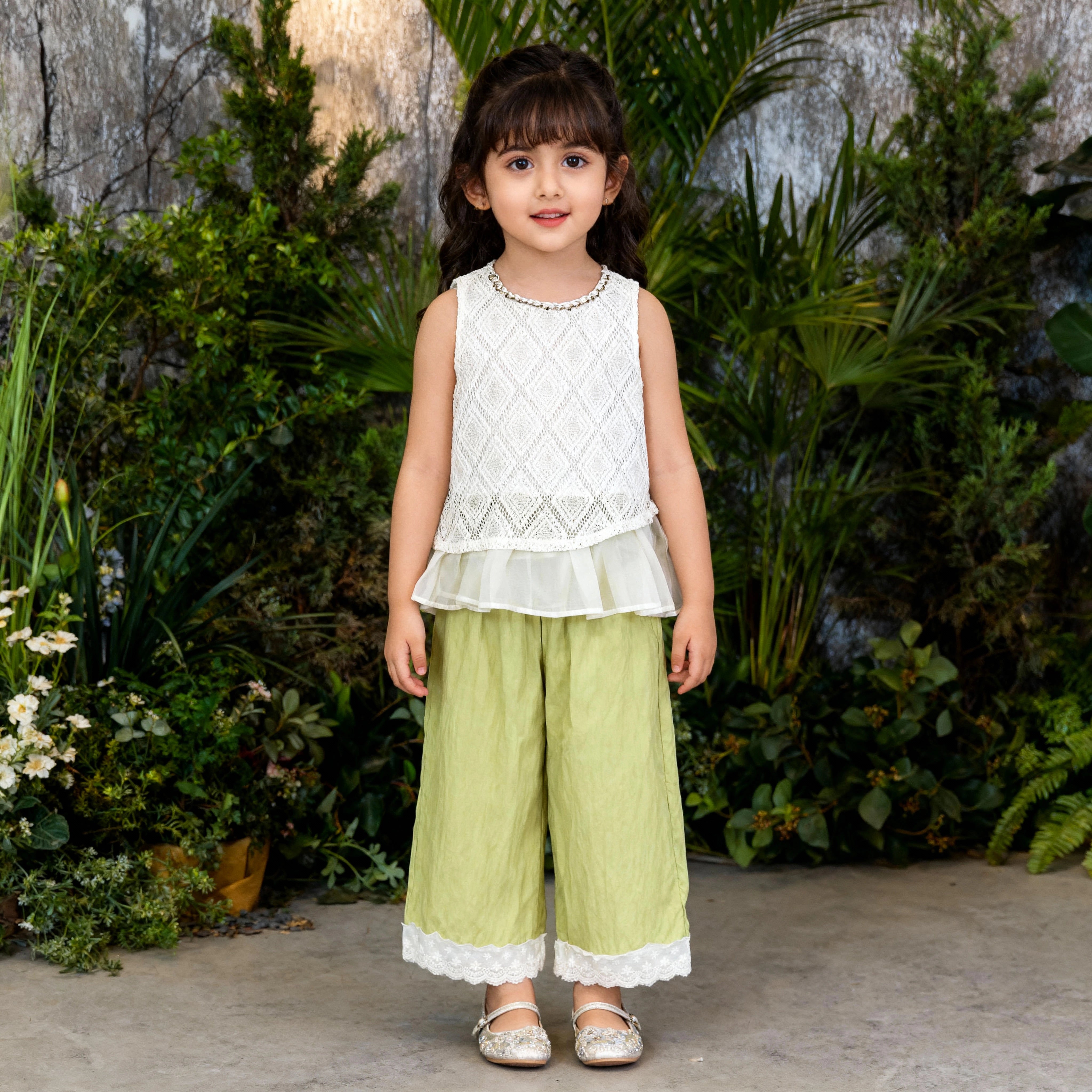 Elegant Crochet-Lace Top & Sage Wide-Leg Trouser Set