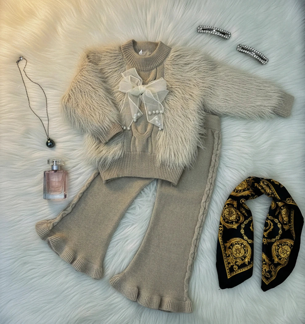 Chic Latte Shaggy Knit Sweater and Cable Flare Pants Set