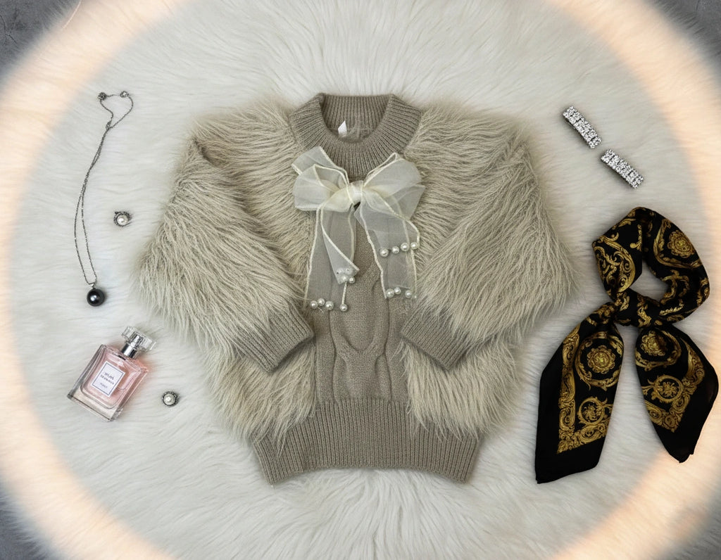 Chic Latte Shaggy Knit Sweater and Cable Flare Pants Set