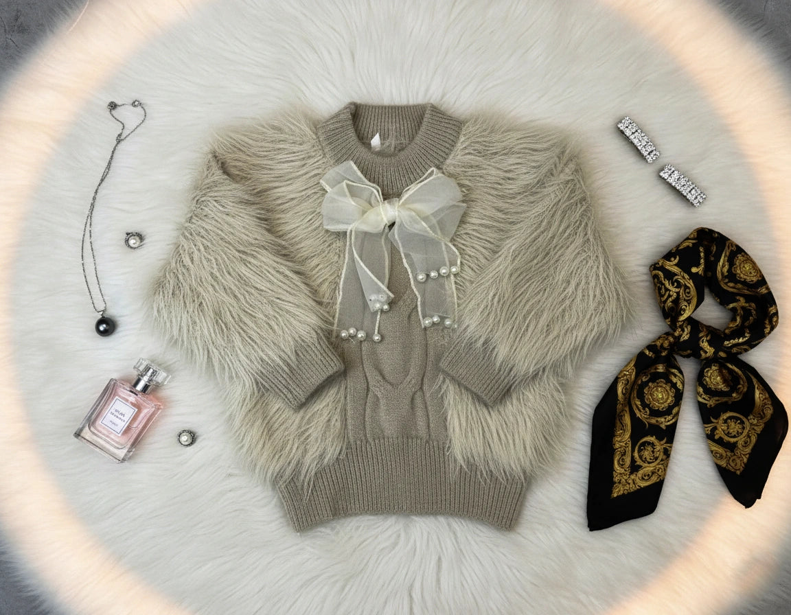 Chic Latte Shaggy Knit Sweater and Cable Flare Pants Set