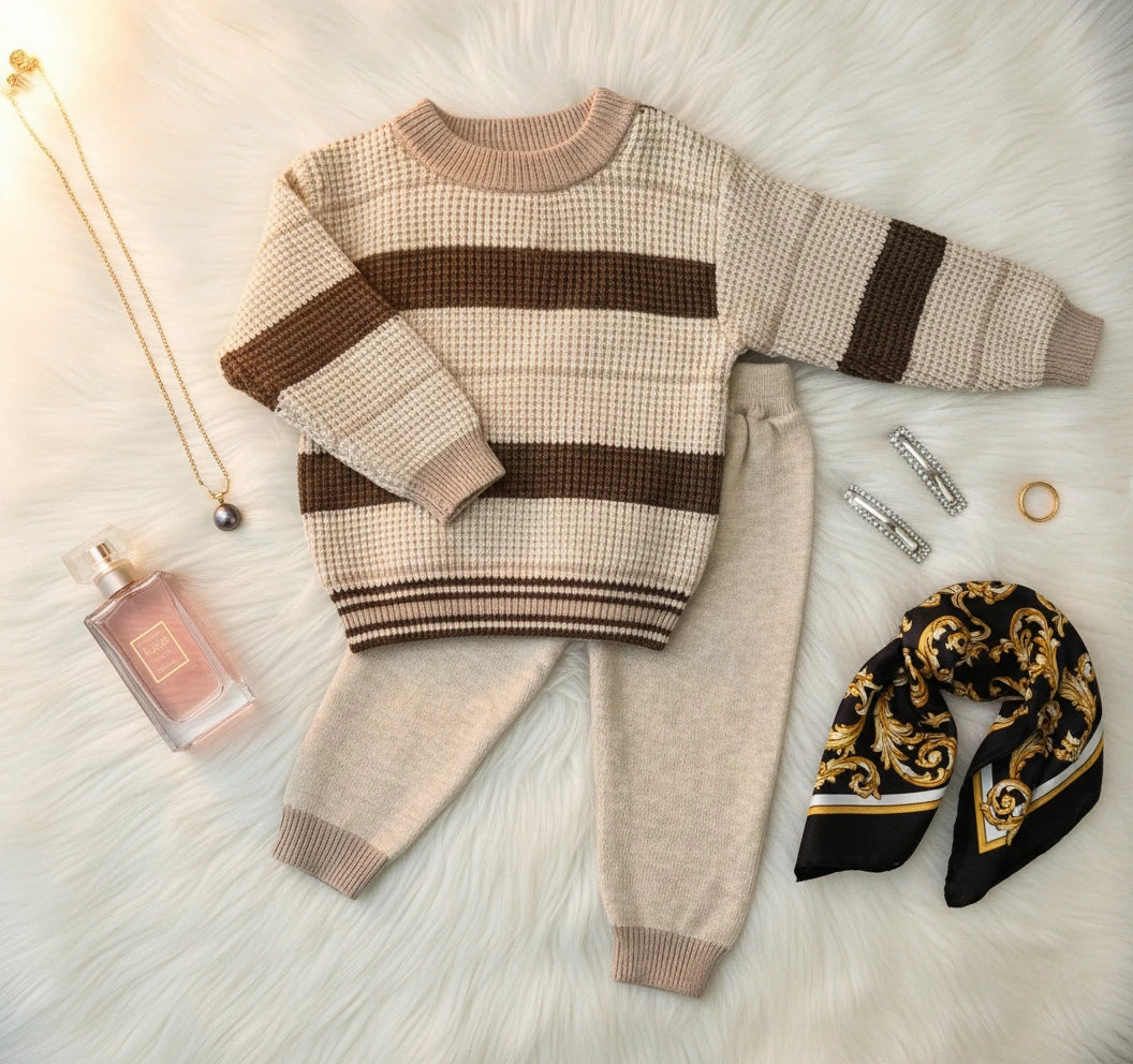 Oatmeal & Chocolate Stripe Set: Modern Neutral Babywear