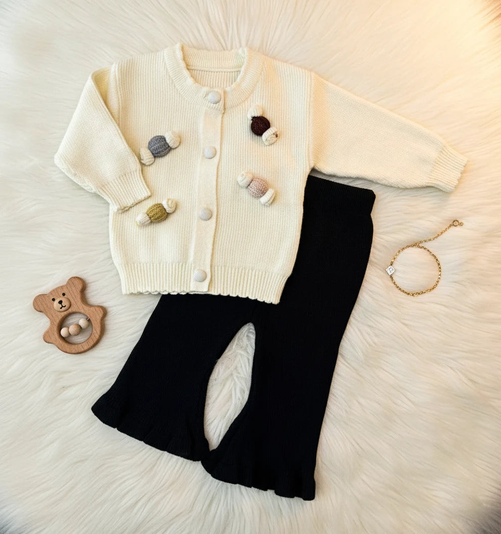 2-Piece Imported Knit Cardigan & Ruffle Bell Bottoms Set for Girls