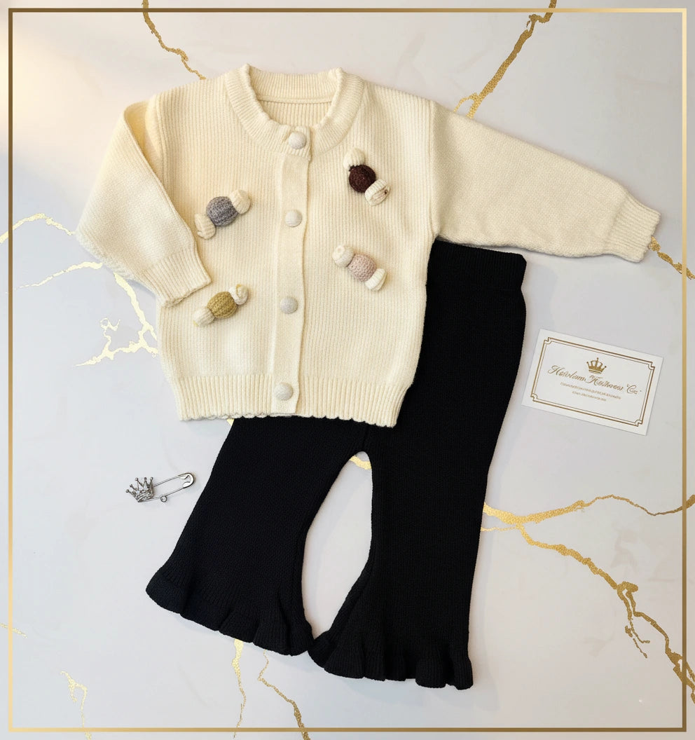 2-Piece Imported Knit Cardigan & Ruffle Bell Bottoms Set for Girls