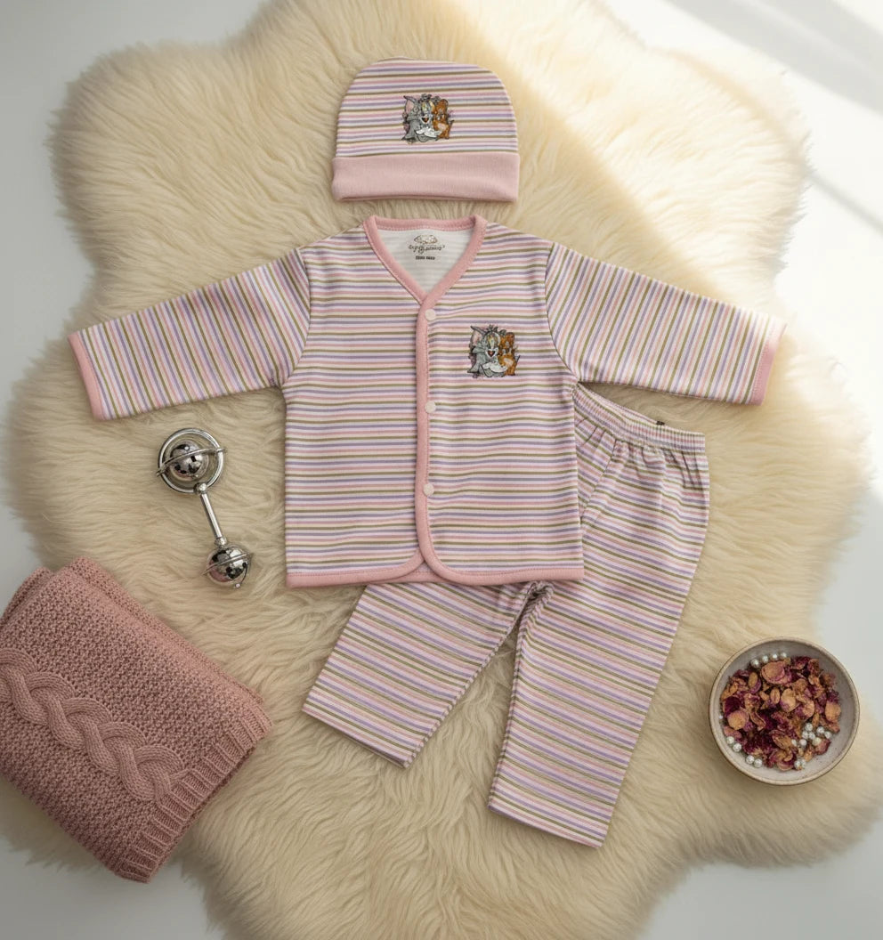 "Tom & Jerry" Print Imported Cotton Purple Striped Baby Outfit Set with Cap.