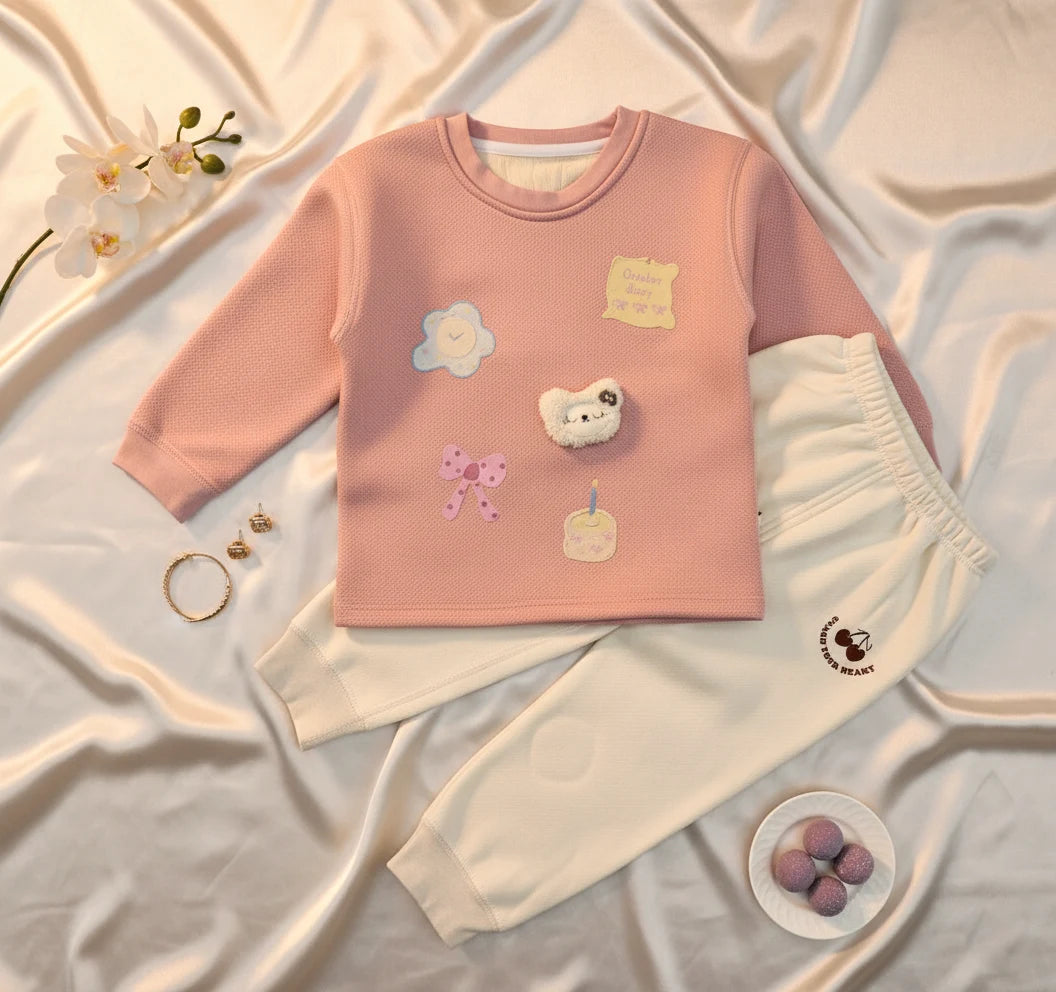 Waffle Knit Luxury Fleece-Lined Sweatsuit - Pink Appliqué Top & Cream Pants