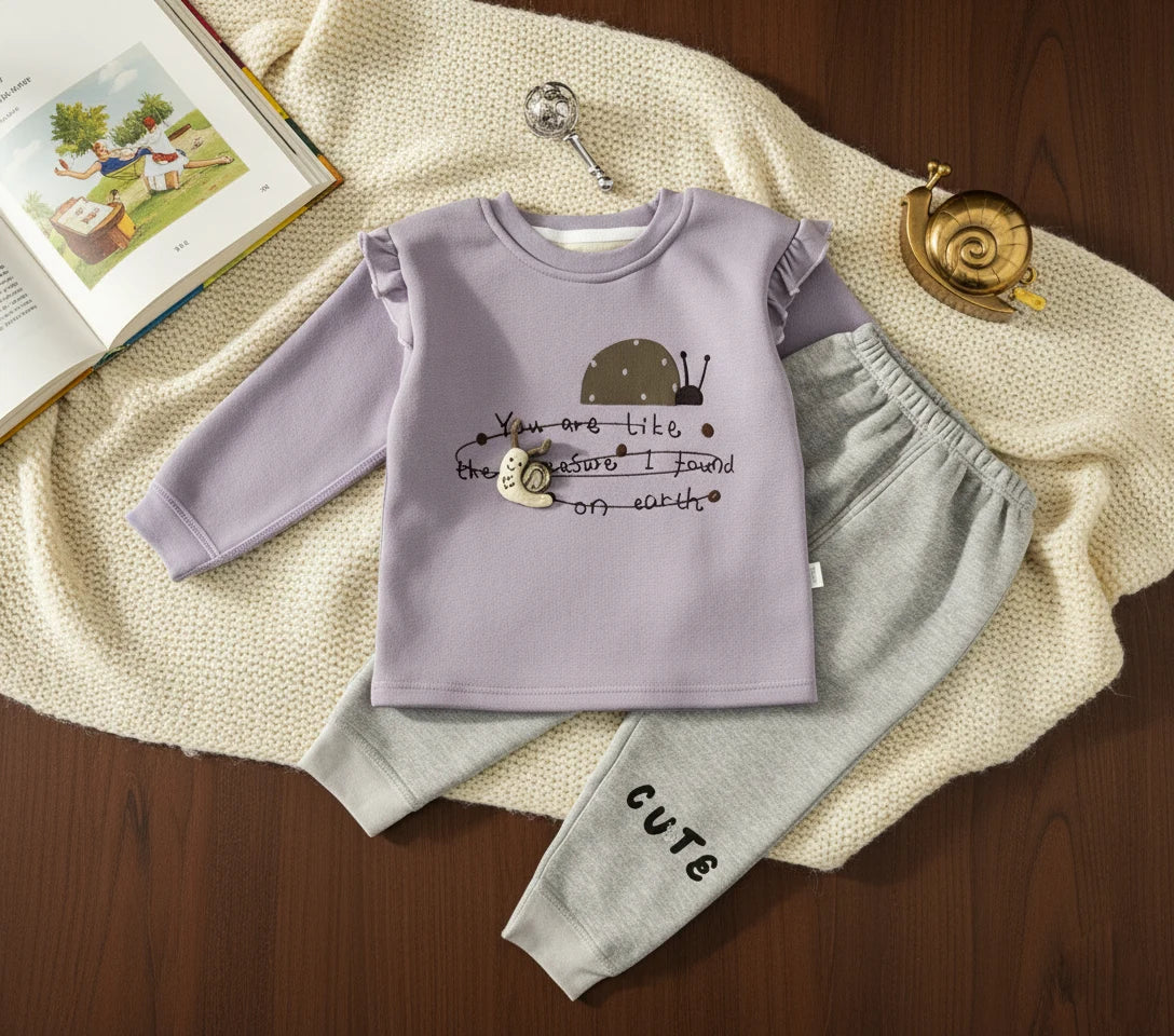 Luxury Fleece Ruffle Sweatsuit - Lilac Snail Graphic Top & Heather Grey Joggers