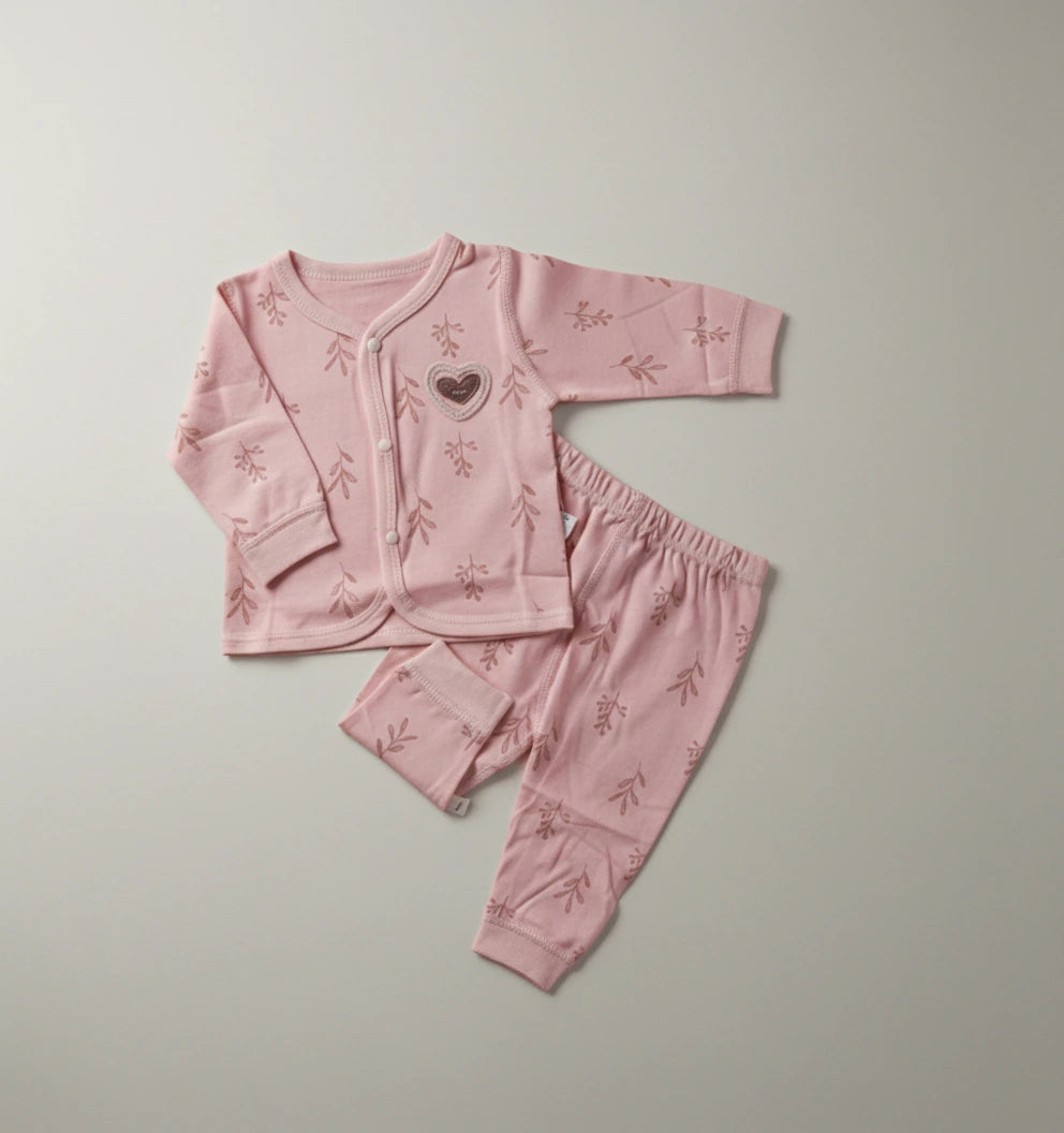 Rose Pink Leaf Print Imported Baby Set