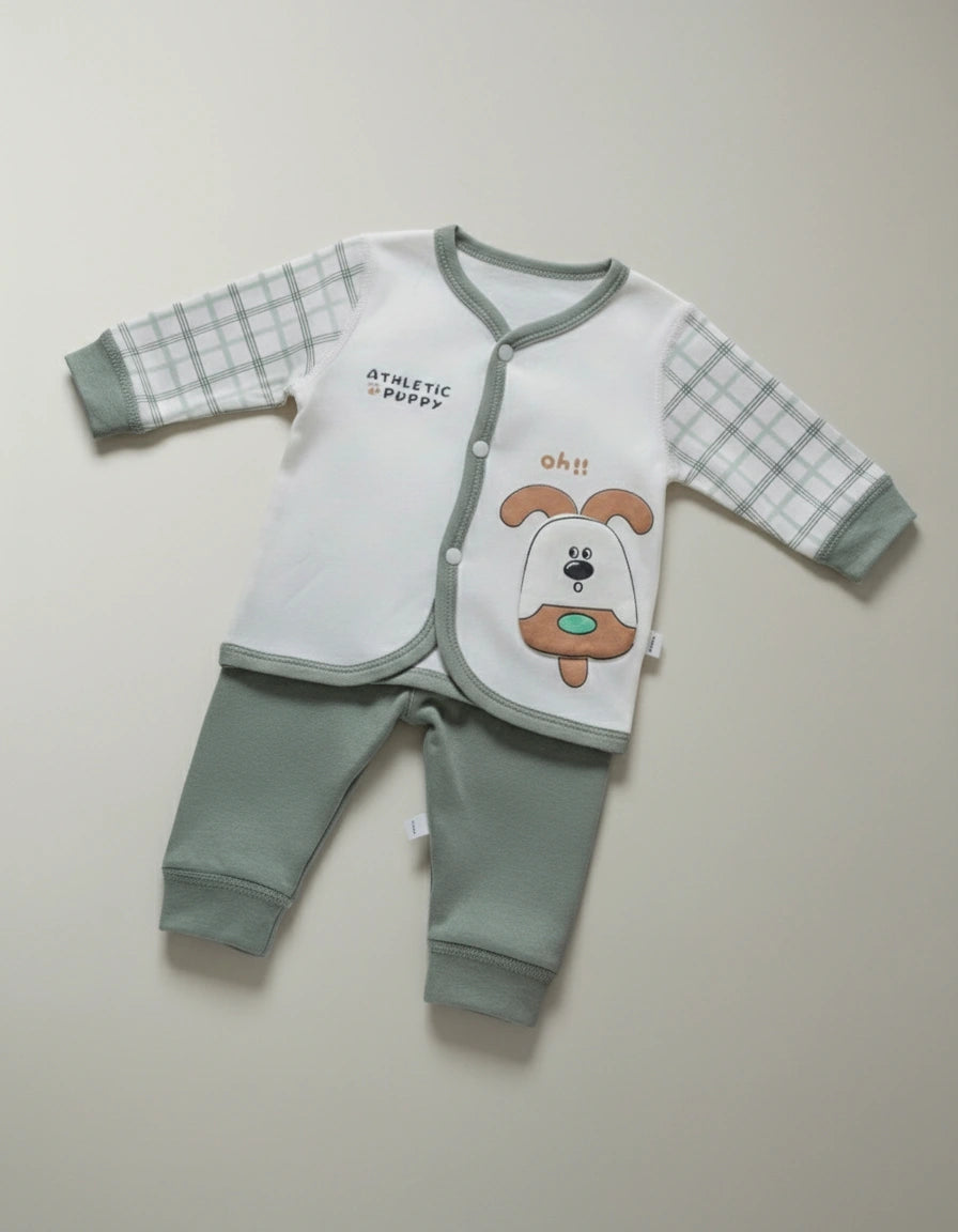 Ultra Soft Terry Knit Outfit in White & Olive Green