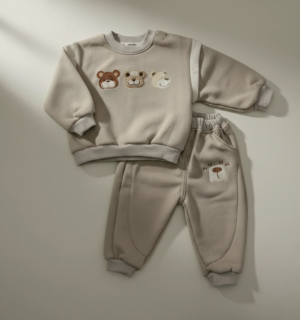 Beige Bear Embroidery Imported Fleece Sweatshirt & Pants Set