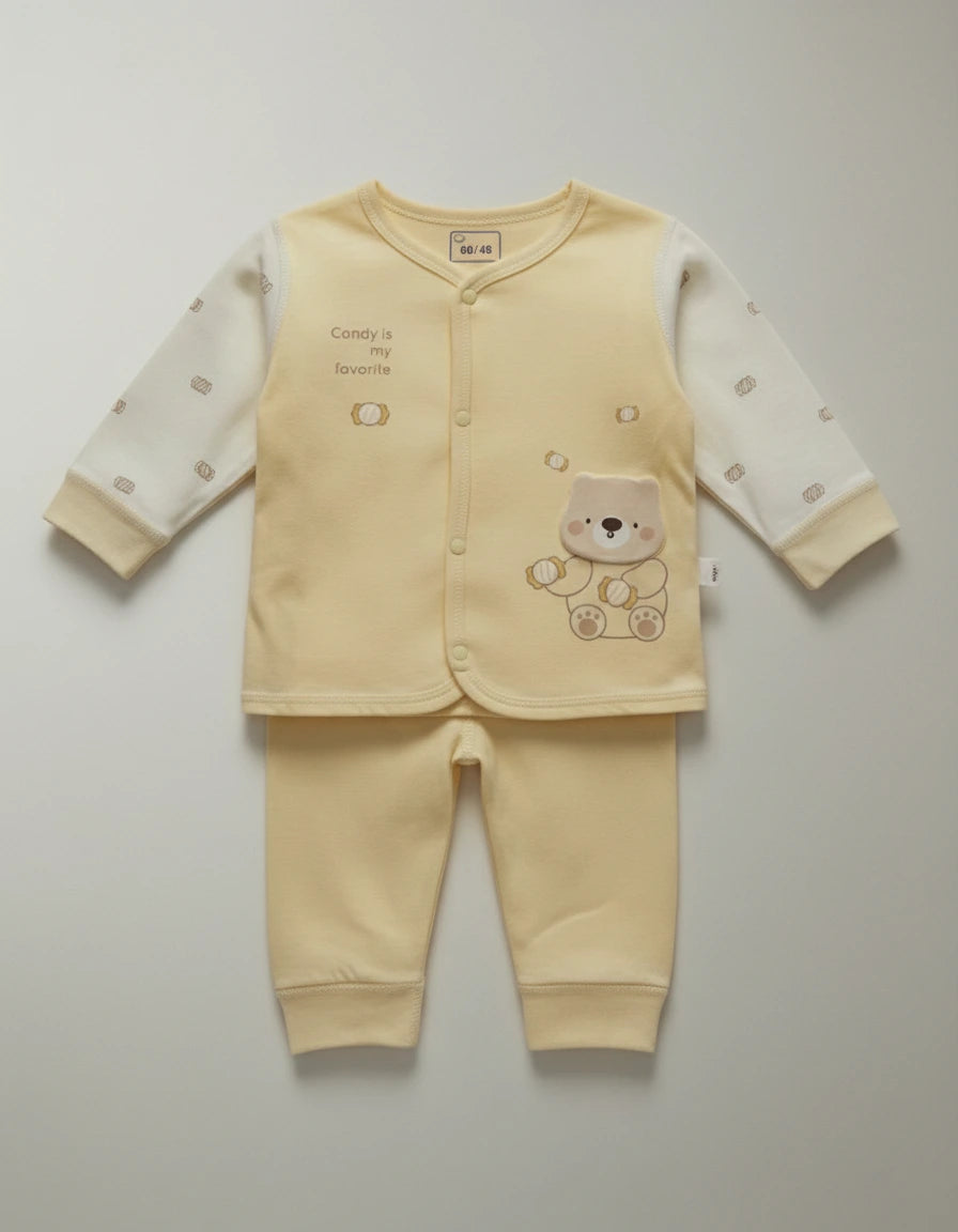 Soft Cotton Teddy Bear Pajama Set in Butter Yellow