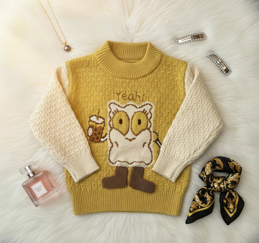 Sunny Owl Knit Set: Golden Yellow & Cream Two-Piece