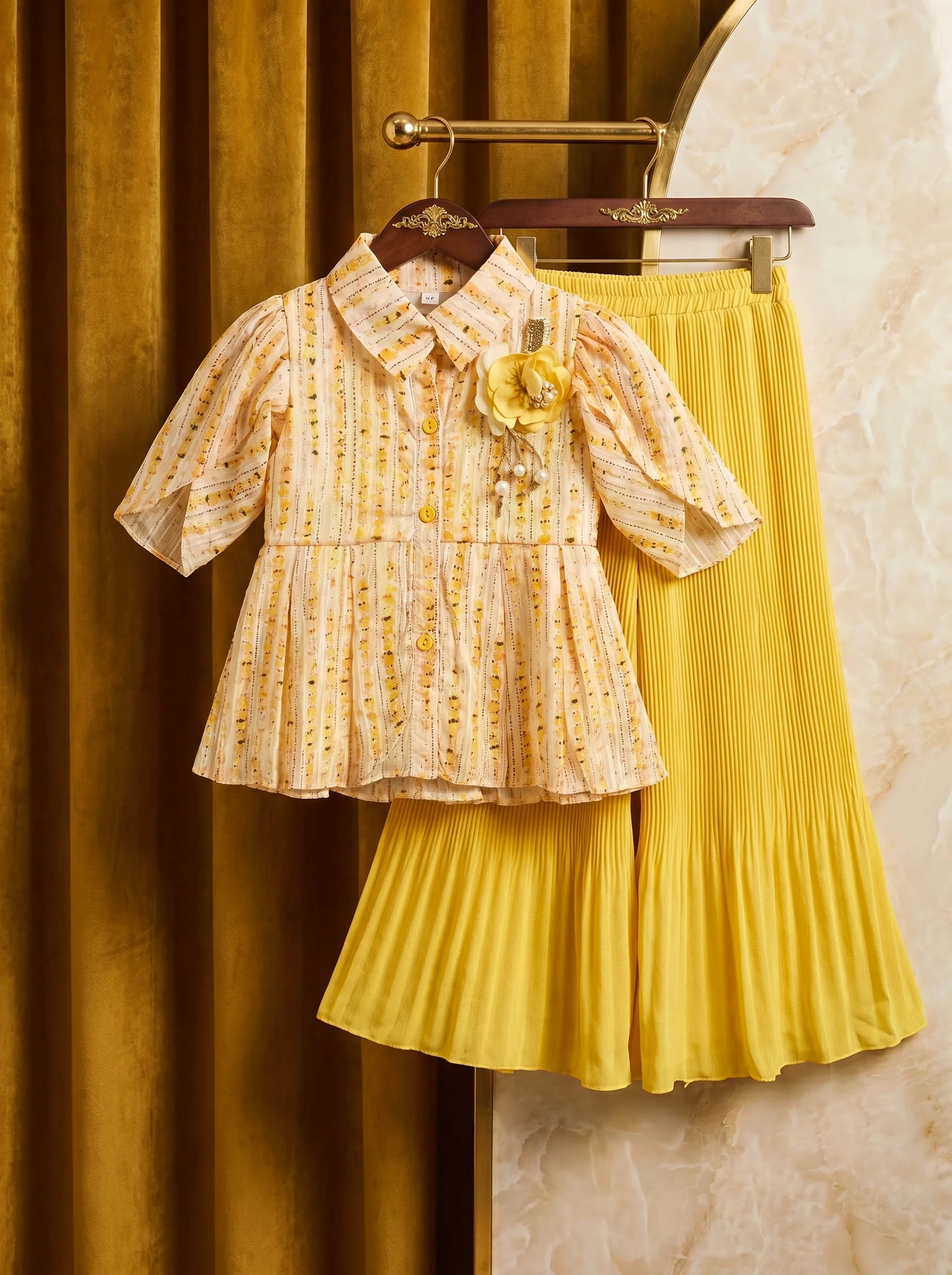 Designer Daisy Delight: Peplum Blouse & Sunburst Pleated Palazzo Set