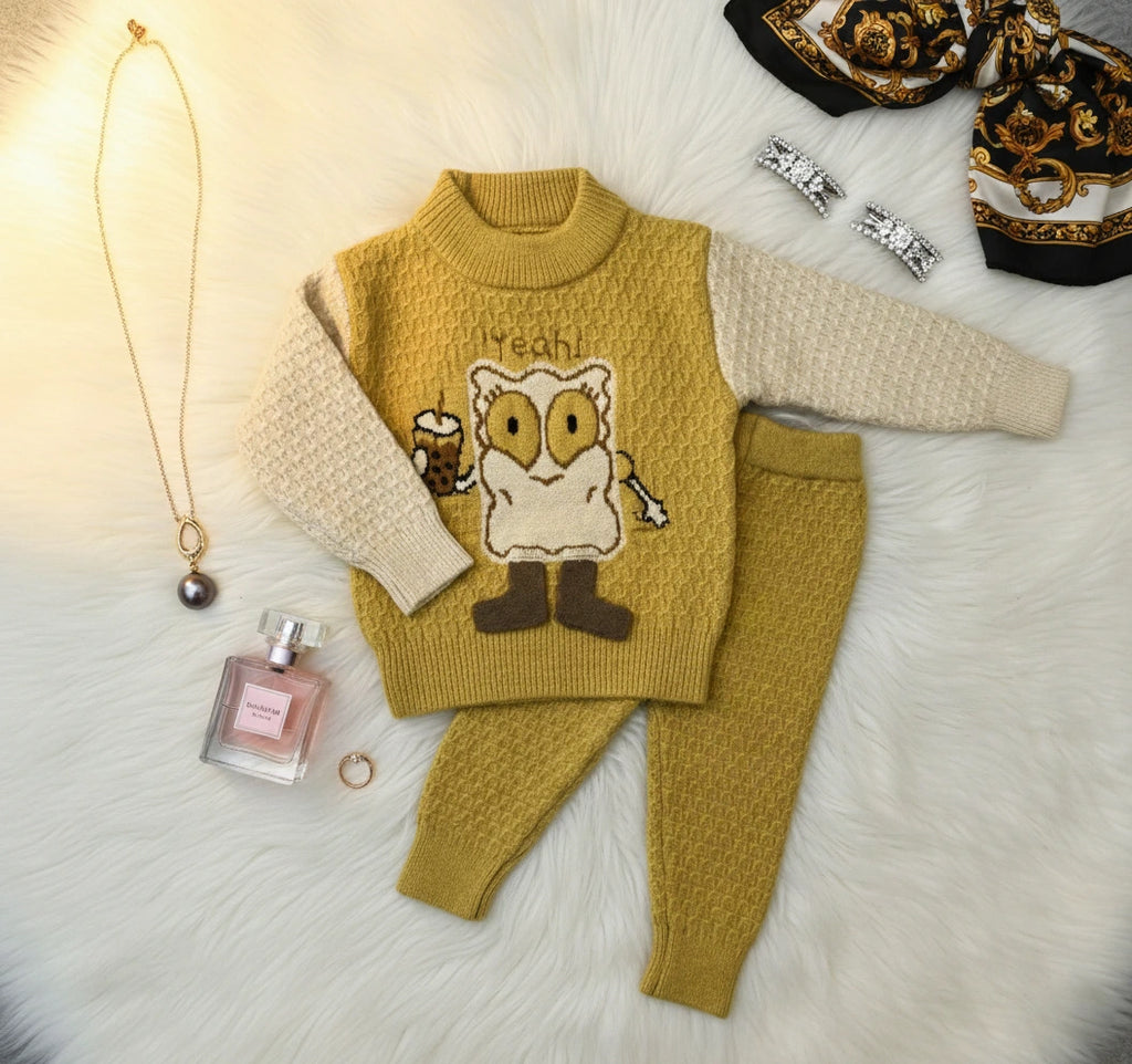 Sunny Owl Knit Set: Golden Yellow & Cream Two-Piece
