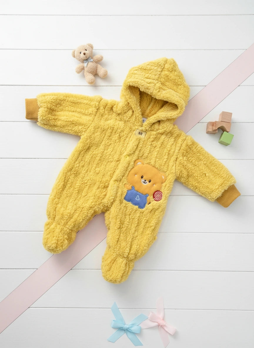 Mustard Imported Fleece Baby Romper with Hood