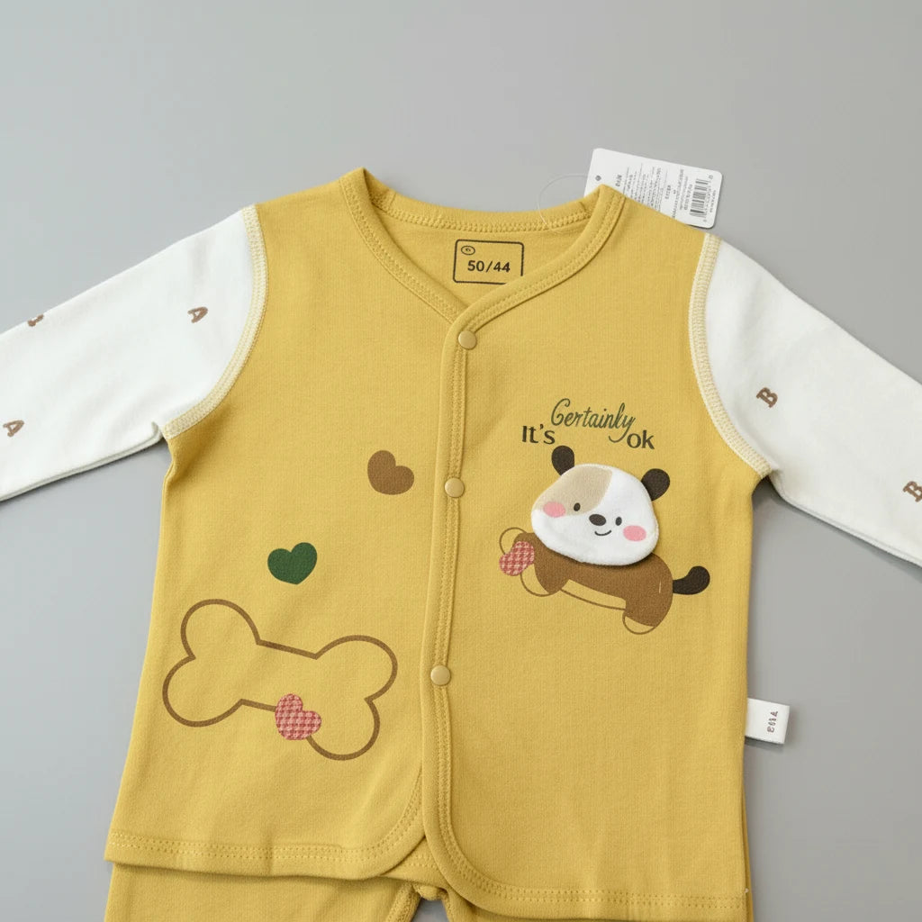 Yellow "Bone & Heart" Print Premium Cotton Baby Outfit Set